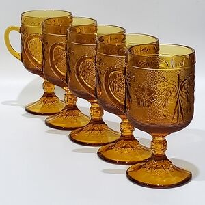 (5pc)Vntg Tiara Sandwich Amber Tall 8.5oz Handled Glass Mugs Coffee Coco Tea
